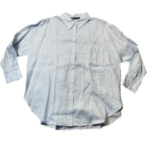Zara Blue Large 100% Linen Button Up 3/4 Sleeve Blouse